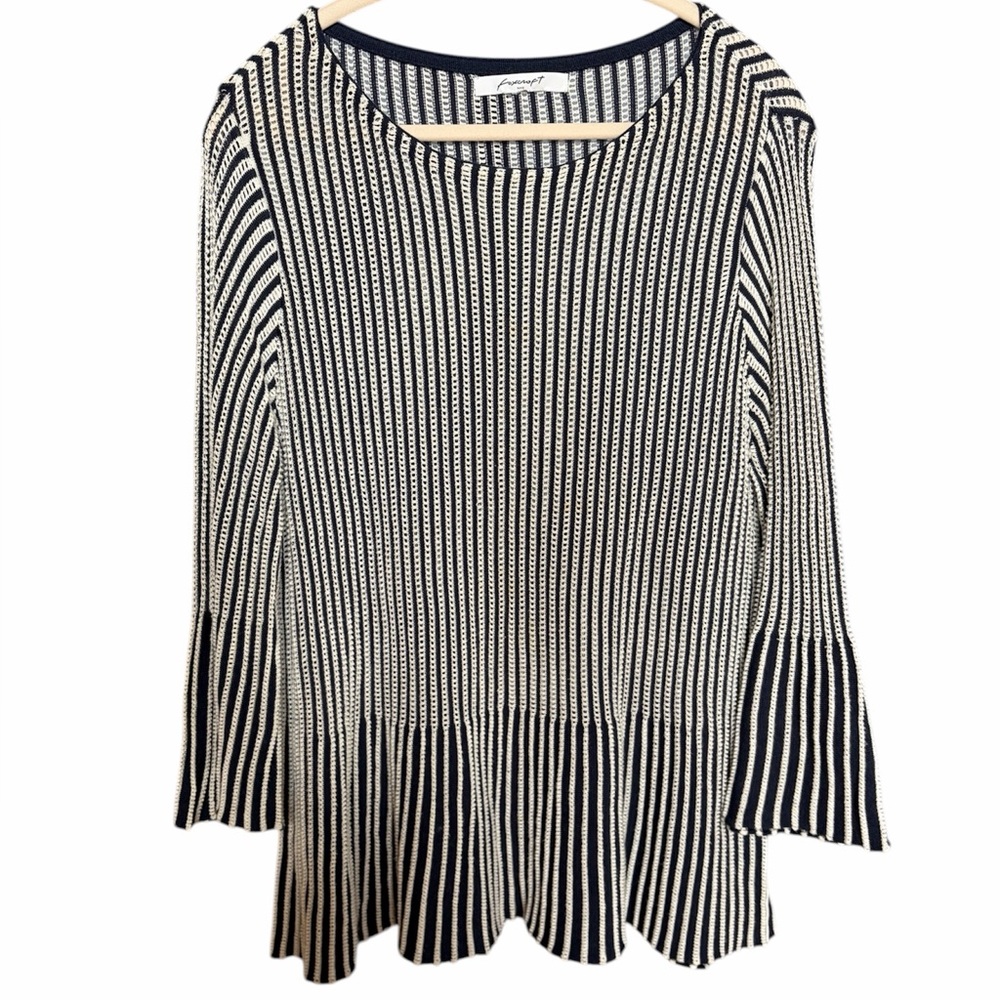 Foxcroft Navy and White Striped Knit Peplum Sweater